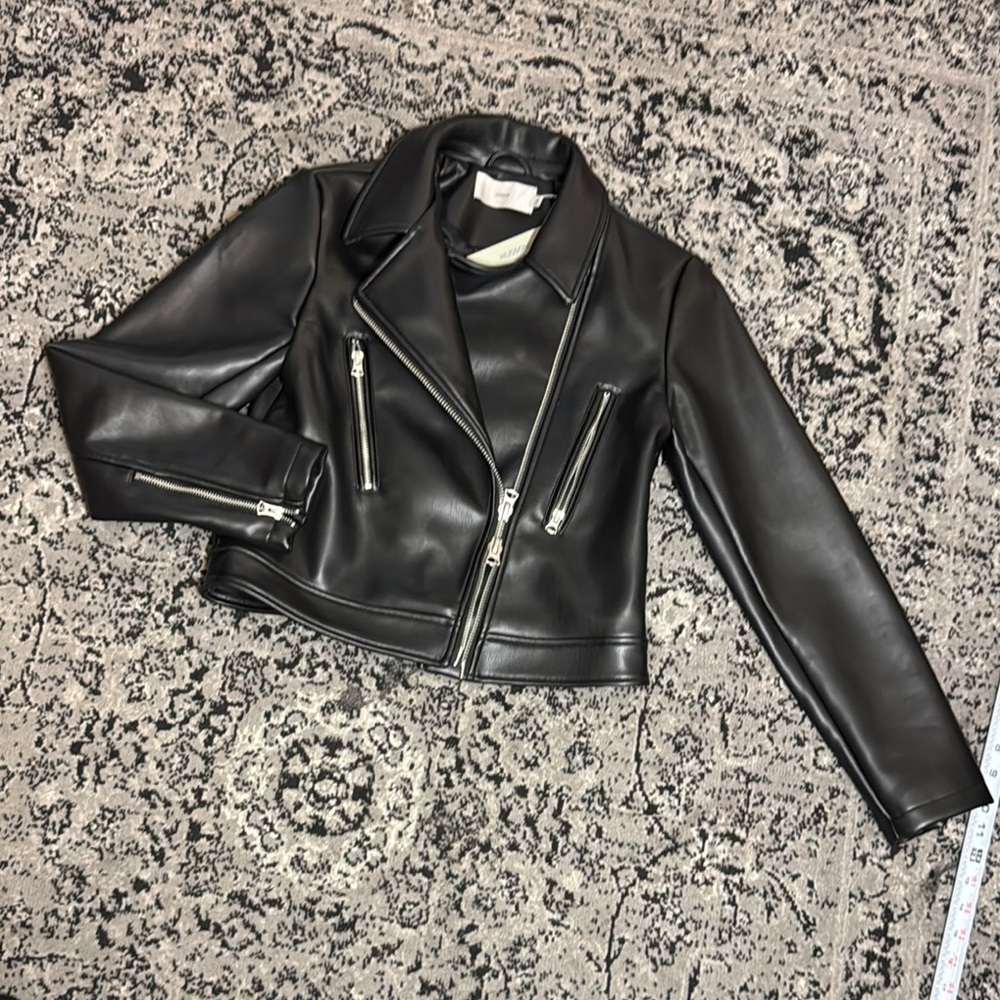 Black Vegan Leather moto Jacket with silver hardware - Picture 2 of 9